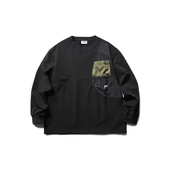 Retro Contrast Color Design Sense Multi Pocket Long Sleeved T Shirt