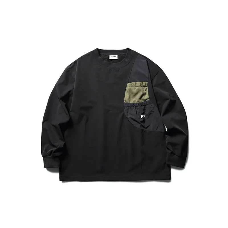 Retro Contrast Color Design Sense Multi Pocket Long Sleeved T Shirt-4