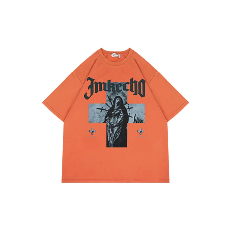 Retro Antique Washed Cross Figure Print T shirt-2