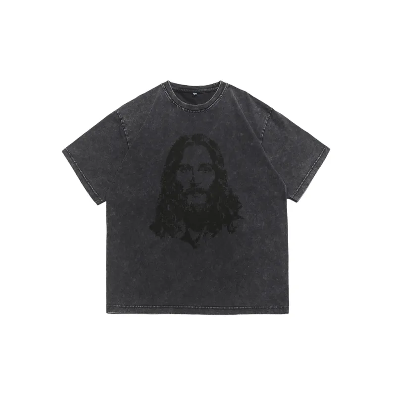 Half Sleeve Loose Washed Portrait Printed Short Sleeved T shirt-4