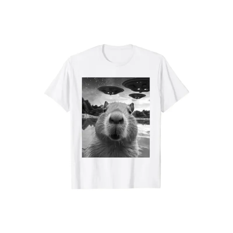 Funny Graphics Capybara Selfie With UFO Weird T shirt-1