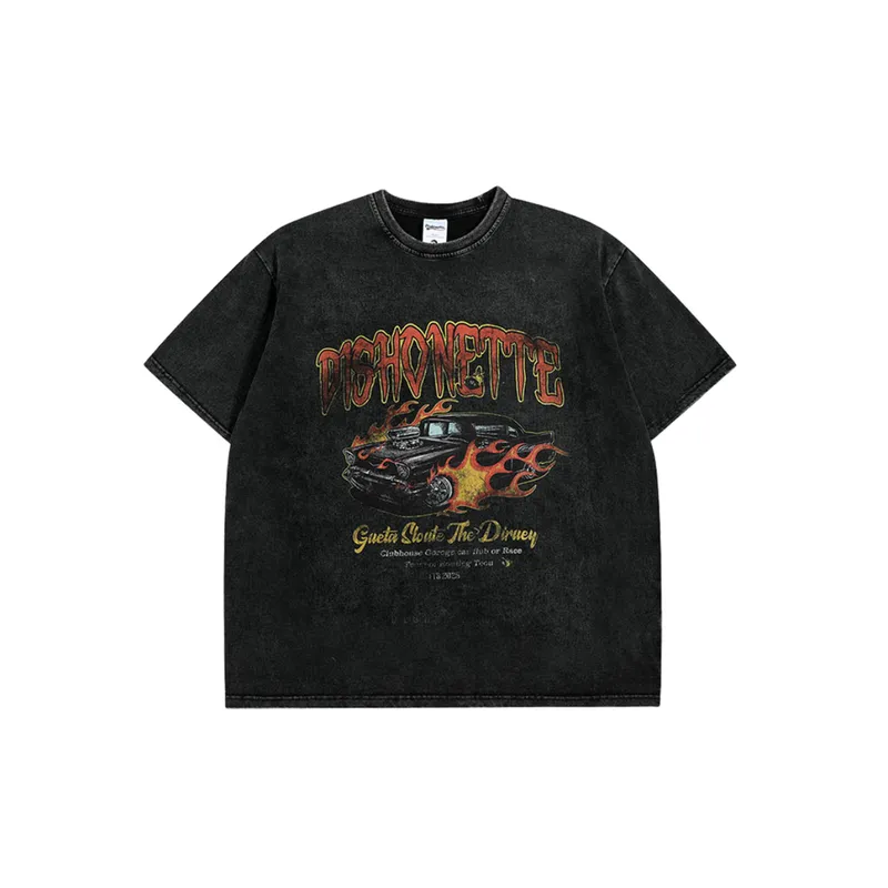 Retro Print Washed Distressed Short Sleeved T Shirt-0