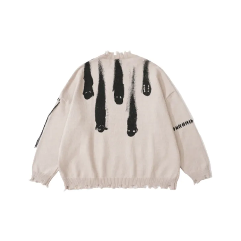 Meteor Falling Crewneck Fringed Designer Printed Wool Sweater-3