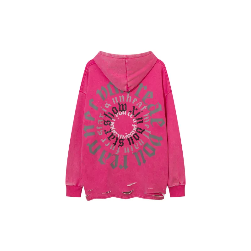 Hip hop Distressed Washed Design Foam Printing Fleece Loose Hoodie-5