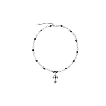 Vintage Black and White Pearl Necklace with Cross Pendant