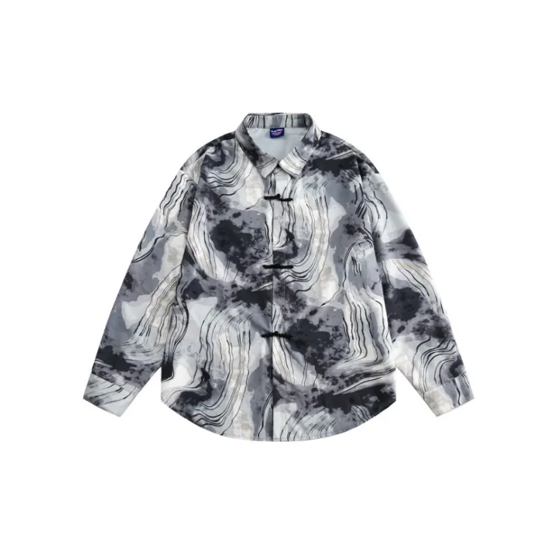 Ink Print Lapel Loose Long Sleeve Shirt-2