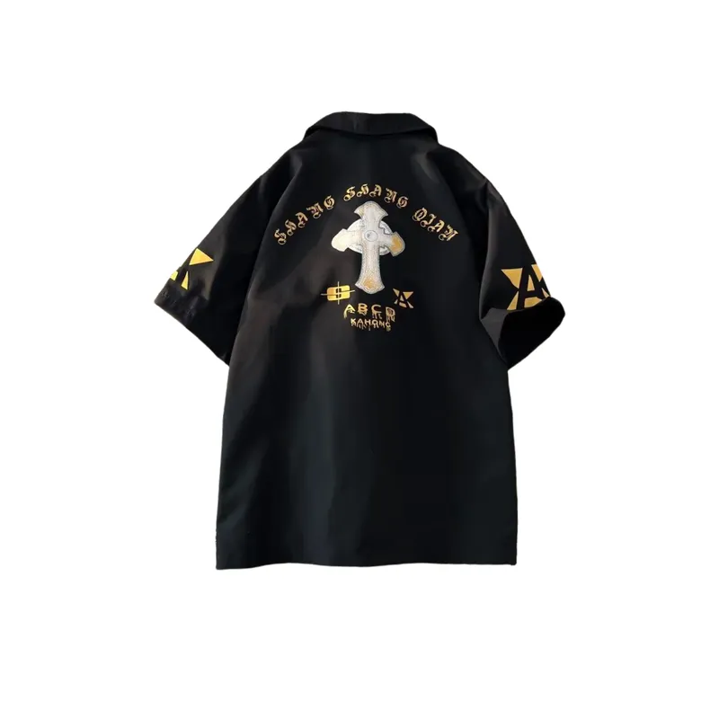 Retro Stitching Loose Cuban Collar Shirt-1