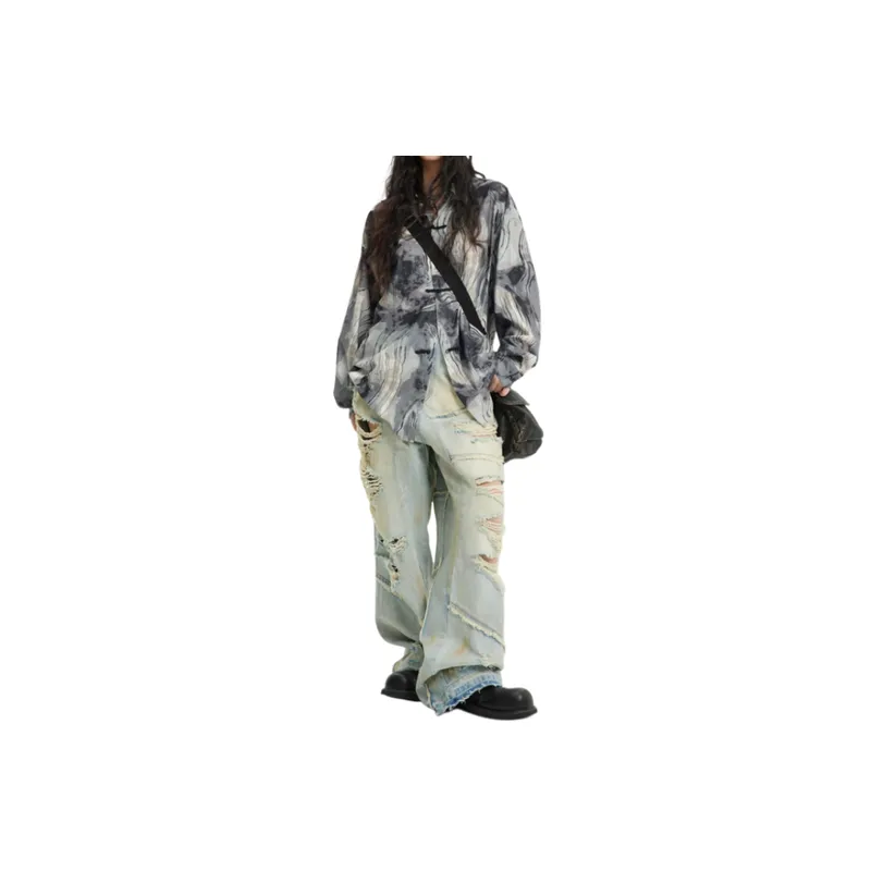 Ink Print Lapel Loose Long Sleeve Shirt-4