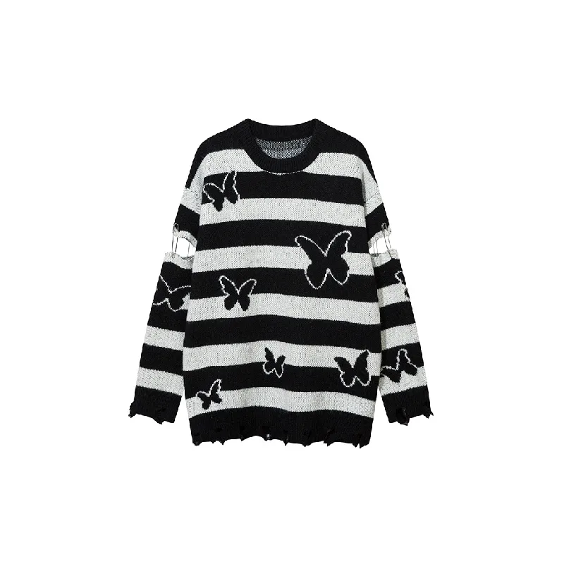 Retro Contrast Color Striped Butterfly Blended Synthetic Fabrics Sweater-0
