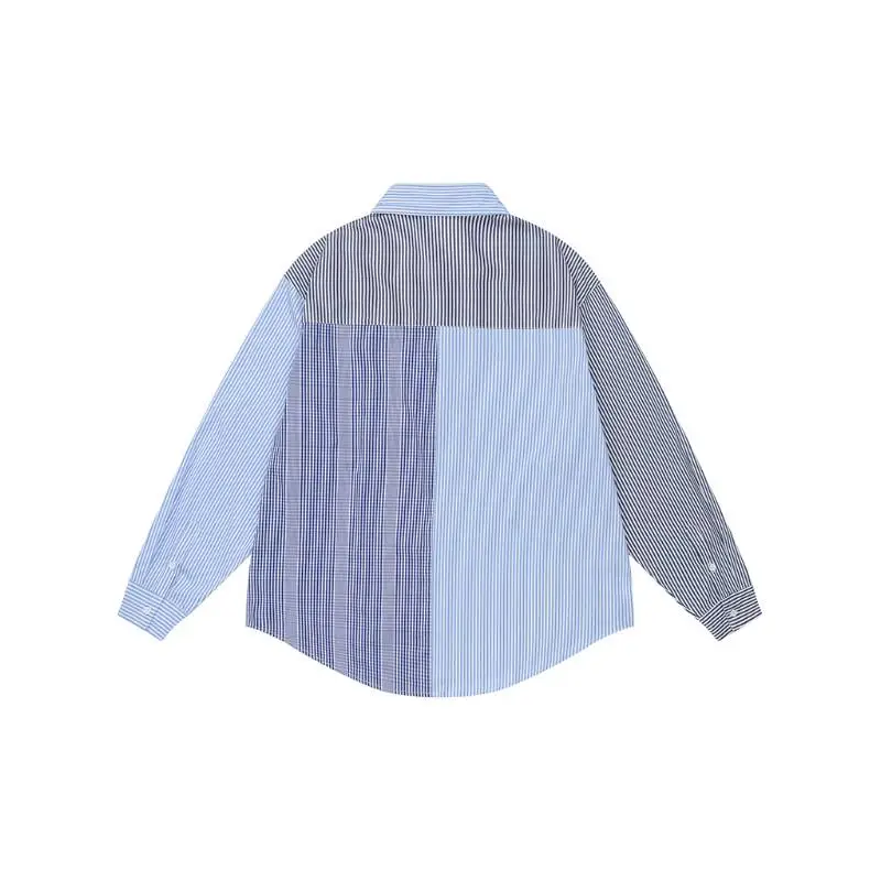 Contrast Color Stitching Plaid Loose Cardigan Long Sleeve Shirt-1