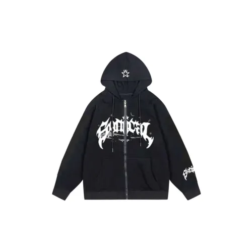 Retro Zipper Gothic Letter Star Printed Hoodie