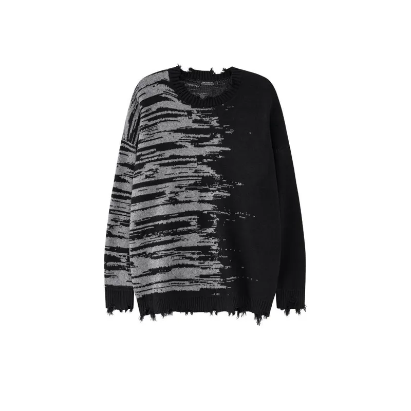 Street Zebra Pattern Color Matching Hole Tassel Loose Crew Neck Knitted Sweater-0