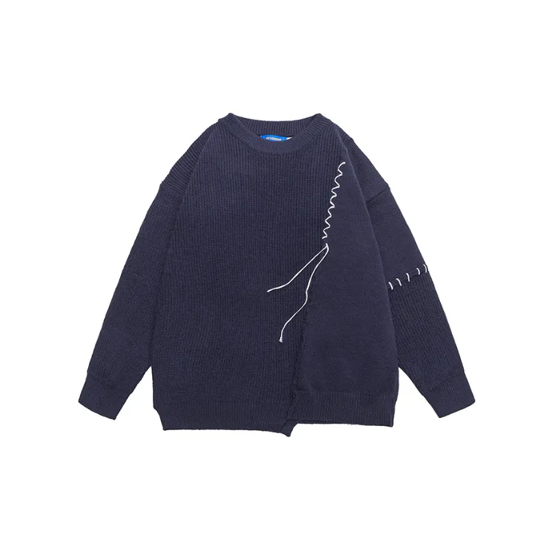 Retro Spliced Design High Street Knitted Crewneck Sweater-0