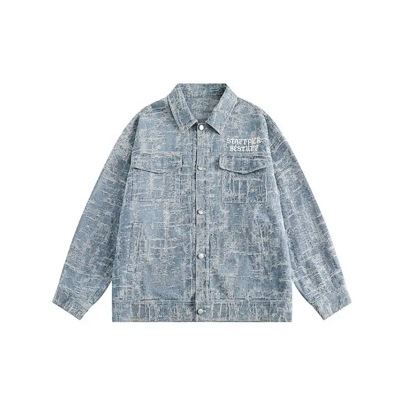 Washed Jacquard Letter Lapel Denim Jacket-0