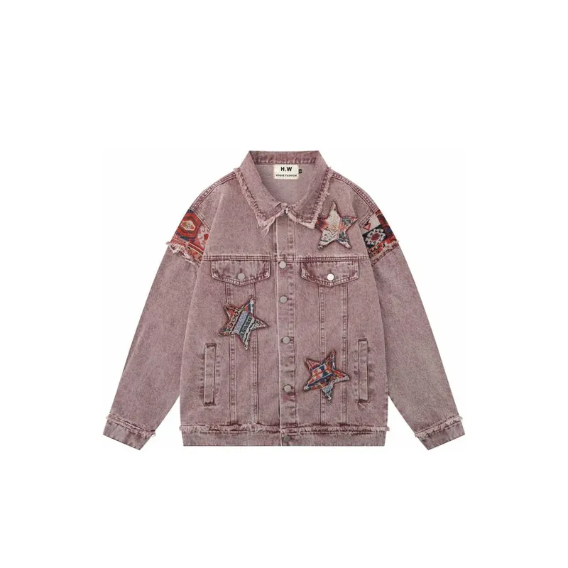 Retro Stitching Star Patch Embroidery Denim Jacket-0