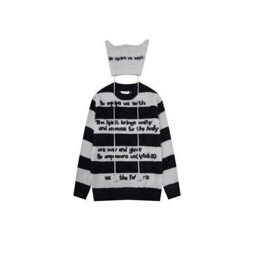 High Street Collisional Stripe Letter Jacquard Hooded Zipper Sweater