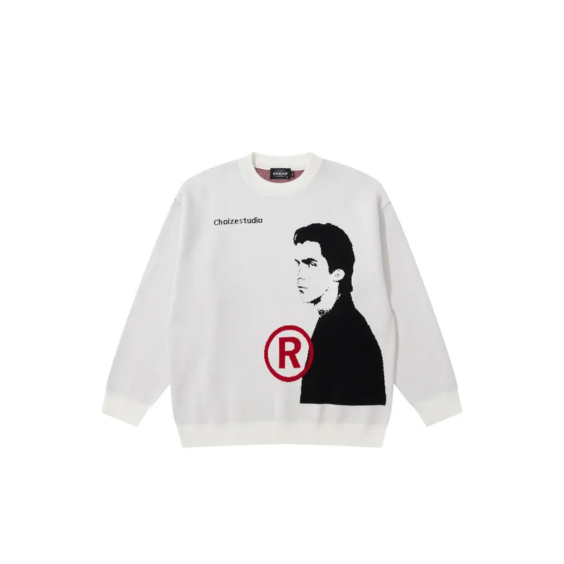 Vintage Figure Jacquard High Street Hip Hop Loose Sweater-0