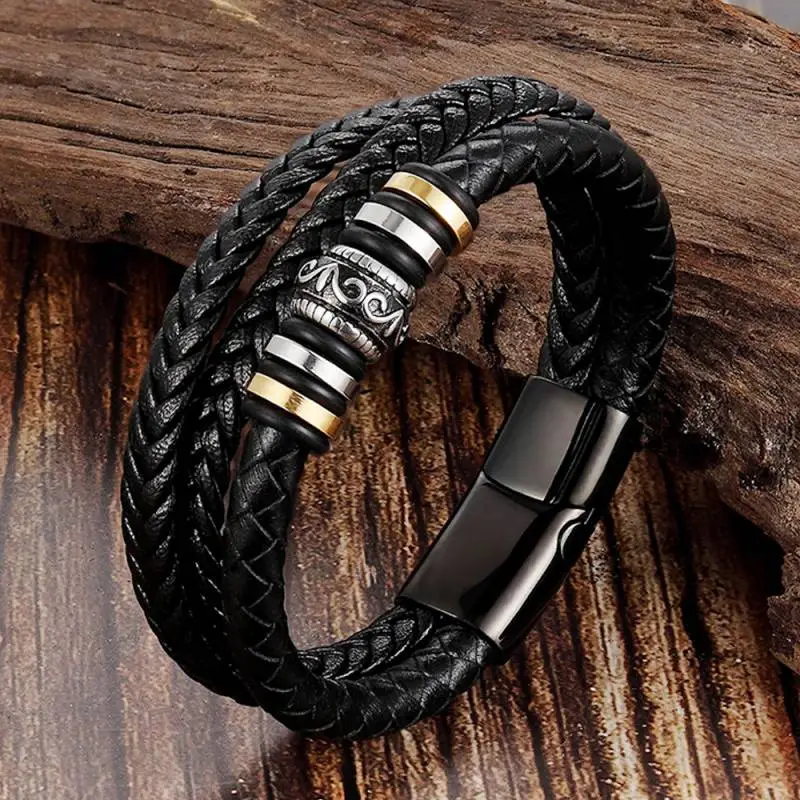Vintage Stainless Steel Hand Woven Leather Bracelet-3