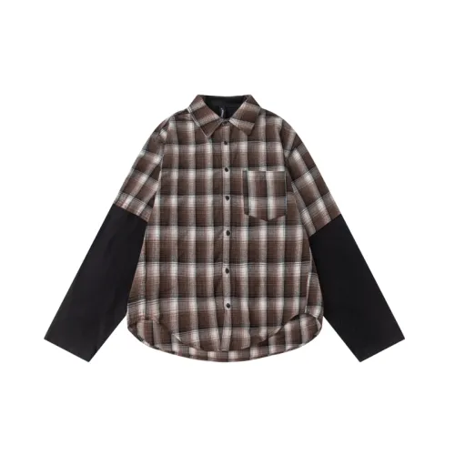 Trend Plaid Splicing Long Sleeved Fake Two Pieces Shirt