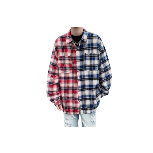 Contrast Color Plaid Stitching Long sleeved Shirt