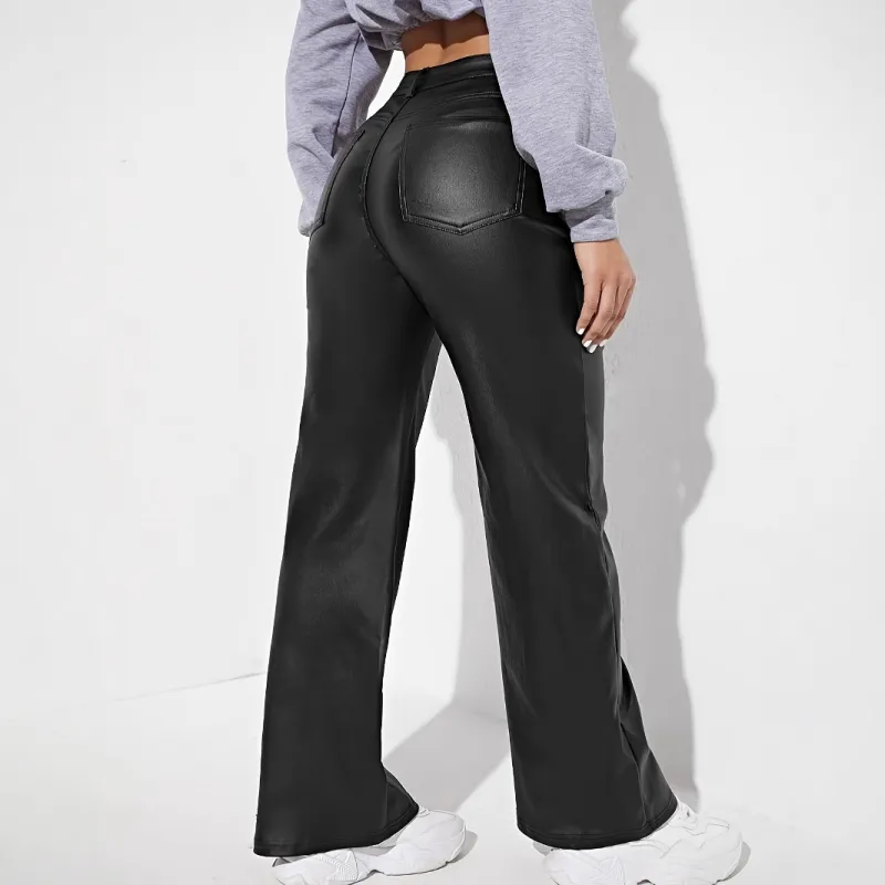 Casual Wide Leg PU Leather Pants Women-2