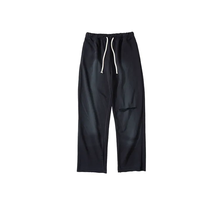 Solid Color Ripped Drawstring Jogger Pants-0