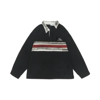 Patchwork Casual Style Striped Ripped Polo Sweatshirt