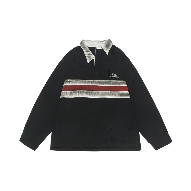 Patchwork Casual Style Striped Ripped Polo Sweatshirt-0