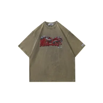 Street Niche Black and White Red Concept Printing Vintage Wash Dressed Short sleeved T shirt