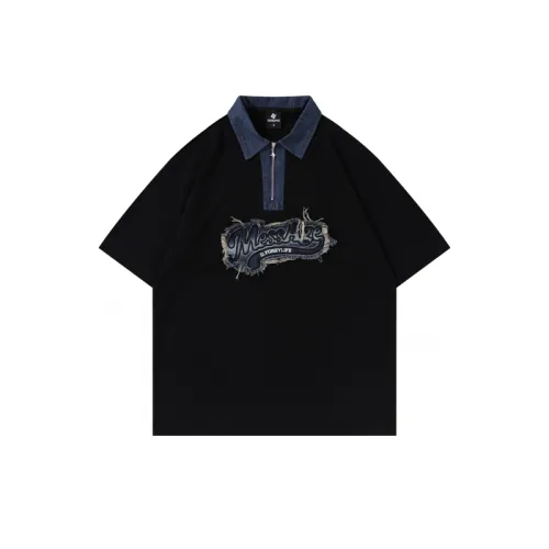 Loose Denim Patch Embroidery Polo Shirt