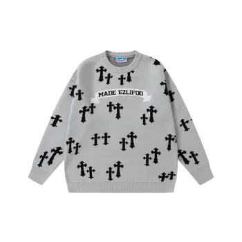 Original Jacquard New Style Retro Loose Lazy Bf Style Round Neck Sweater