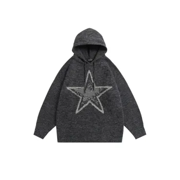 New Trendy Brand Jacquard Star Color mixed Fringe Loose Hoodie
