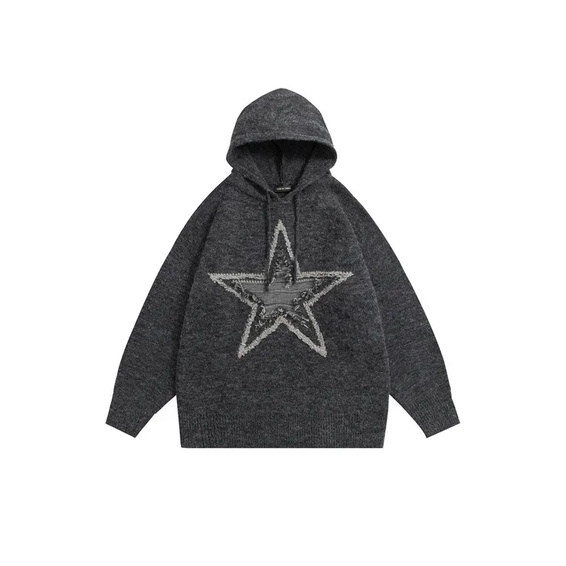 New Trendy Brand Jacquard Star Color mixed Fringe Loose Hoodie-4