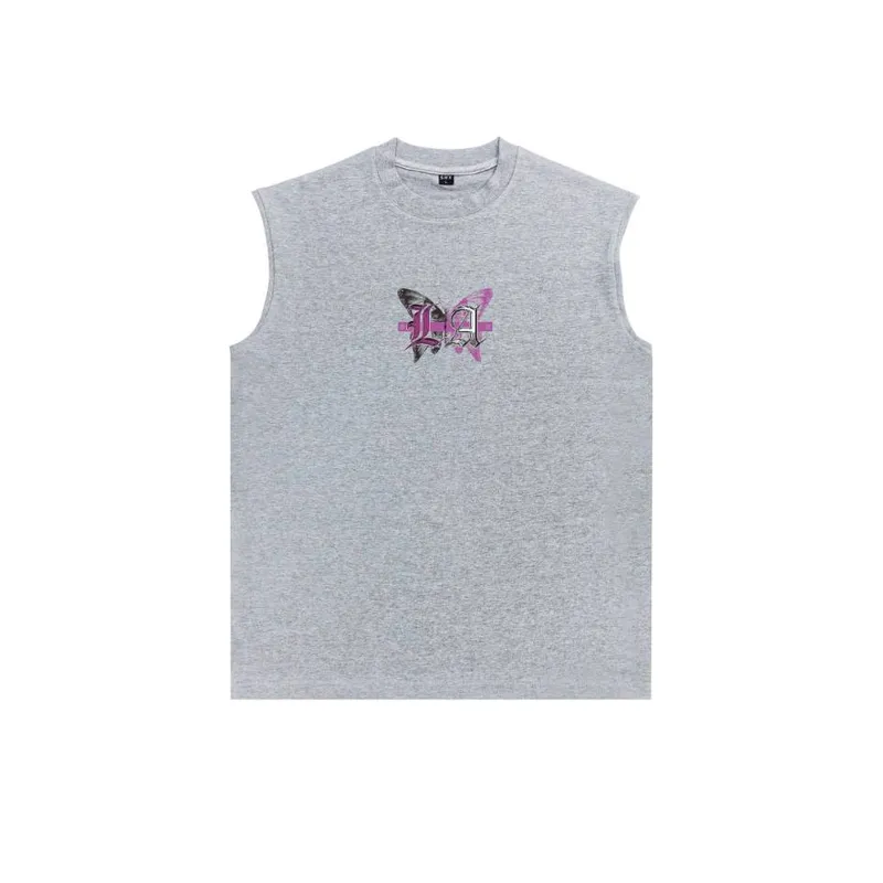 Butterfly Letter Print Sleeveless T Shirt-0