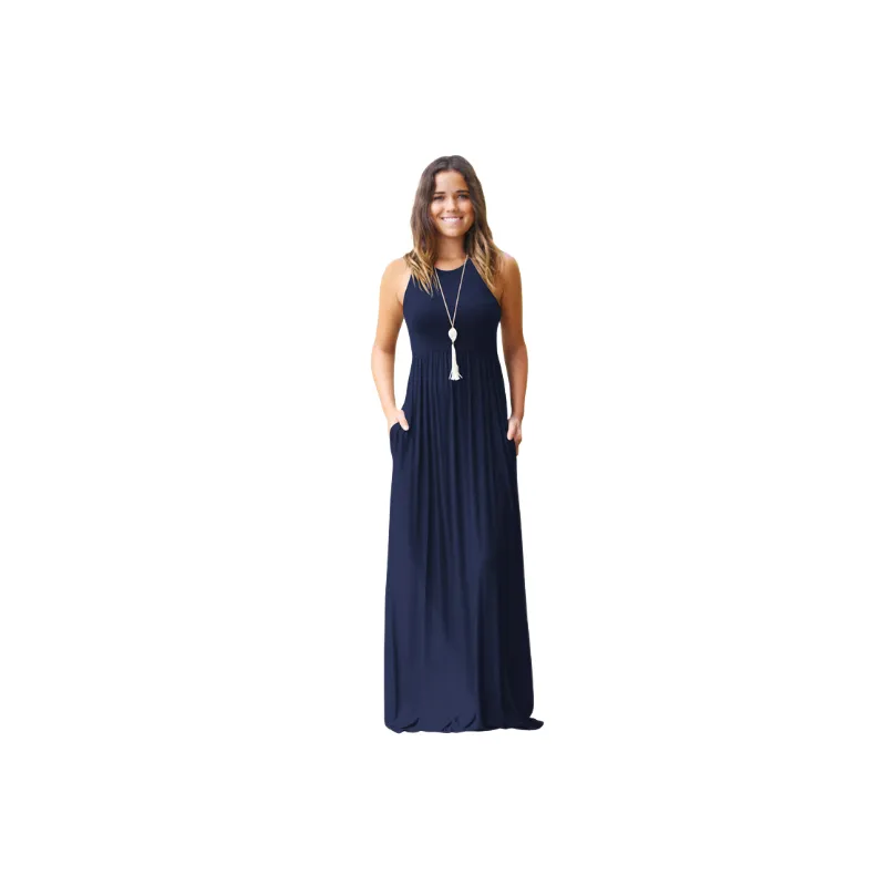Simple Plain Polyester Slip Dress Women-4