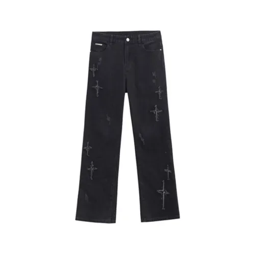 Sticker Cross Micro La Washed American Style High Street Jeans Loose Straight Embroidered Pants Fashionable All-Match