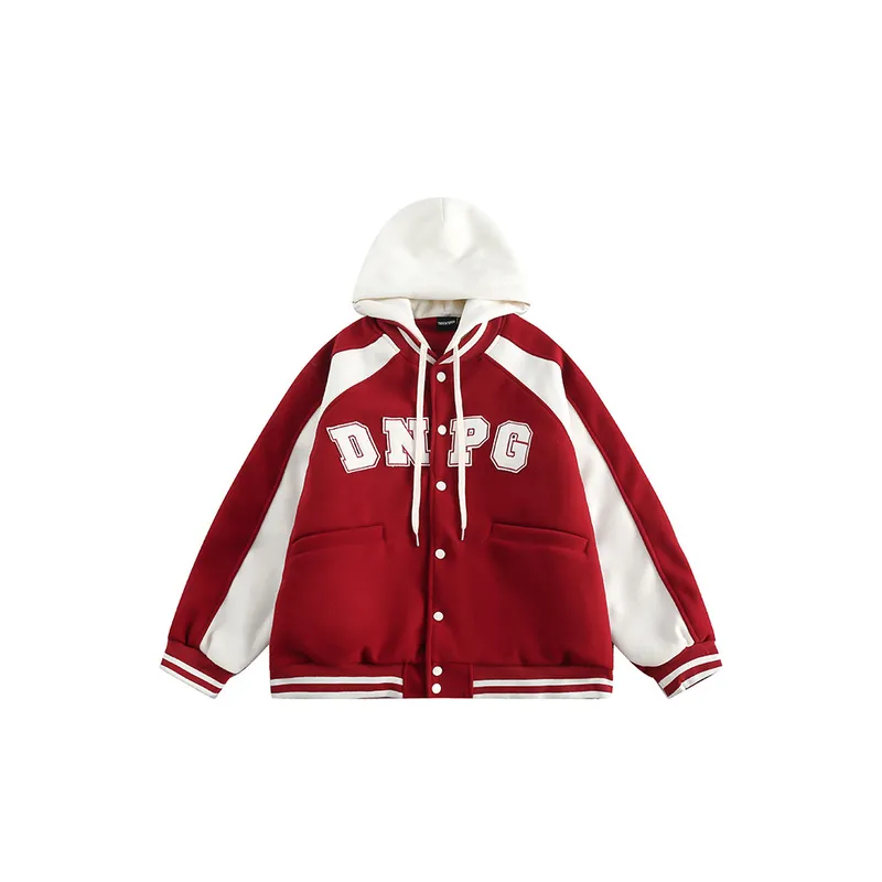 Contrast Color Stitching Raglan Sleeve Trendy Embroidered Letter Hooded Cotton Coat-0