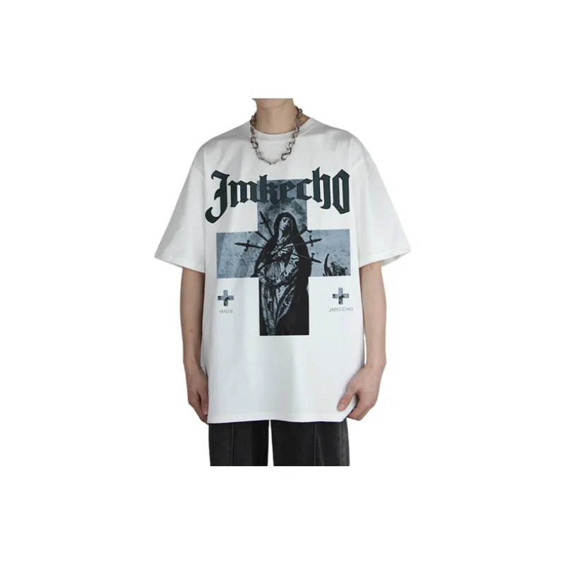 Retro Antique Washed Cross Figure Print T shirt-21