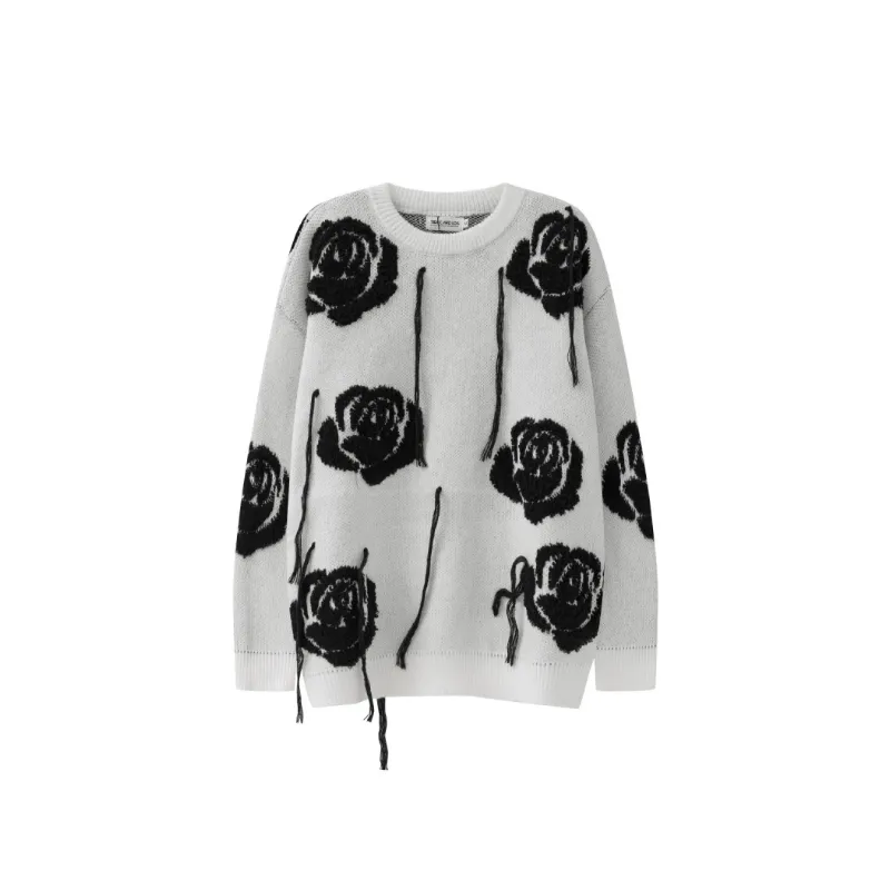 Lazy Style Chic Design Rose Tassel Long Sleeve Retro Knitted Wool Sweater-5