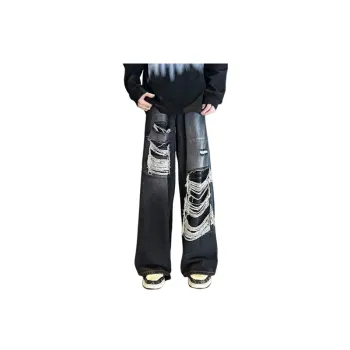 High Street Style Vintage Ripped Washed Dressed Wide Leg Loose Straight Ins Jeans
