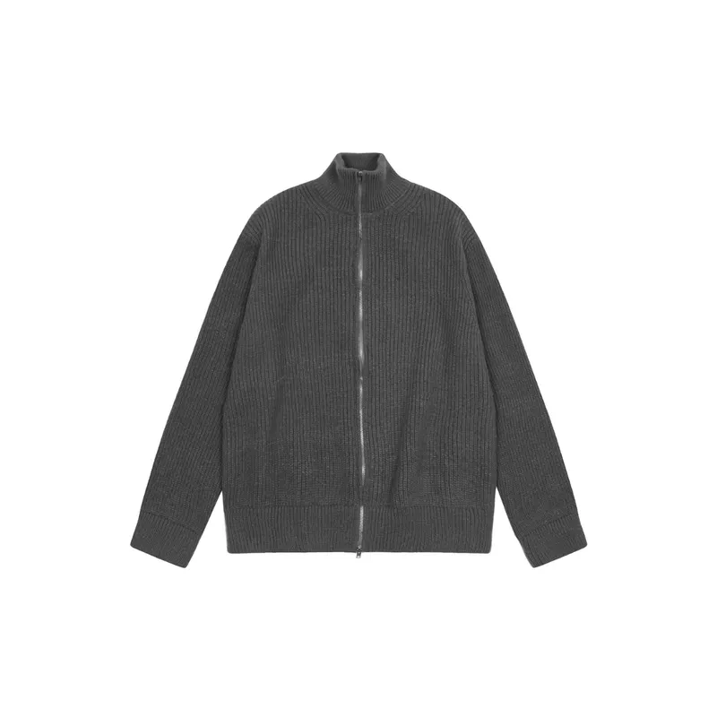 New Style High Collar Zipper Wool Cardigan Solid Color Sweater-0