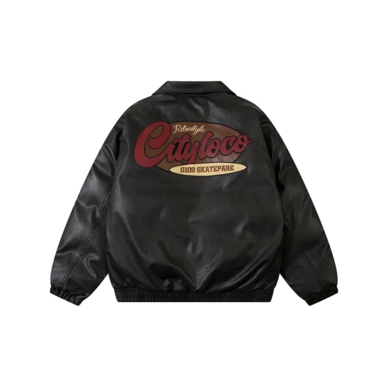 Vintage Letter Embroidered Collar Puleather Thickened Cotton padded Coat-1