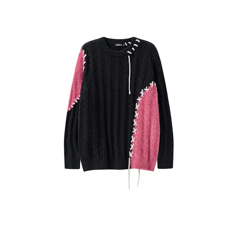 Retro Irregular Contrast Color Wear Rope Sweater-0