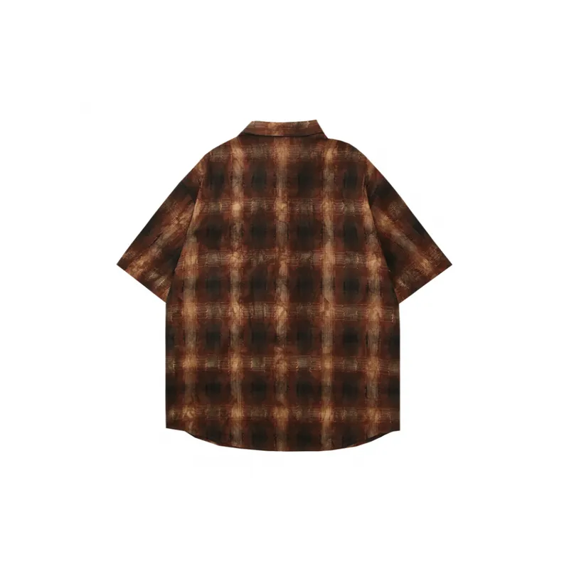 Retro Antique Plaid Tie Dye Stitching Embroidered Short Sleeved Shirt-5