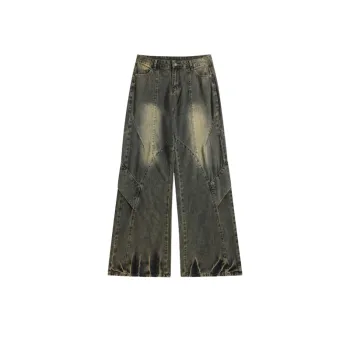 Vintage Yellow Mud Stitching Washed Jeans
