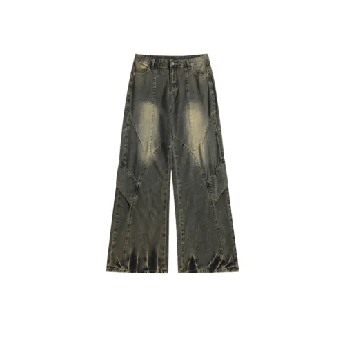 Vintage Yellow Mud Stitching Washed Jeans