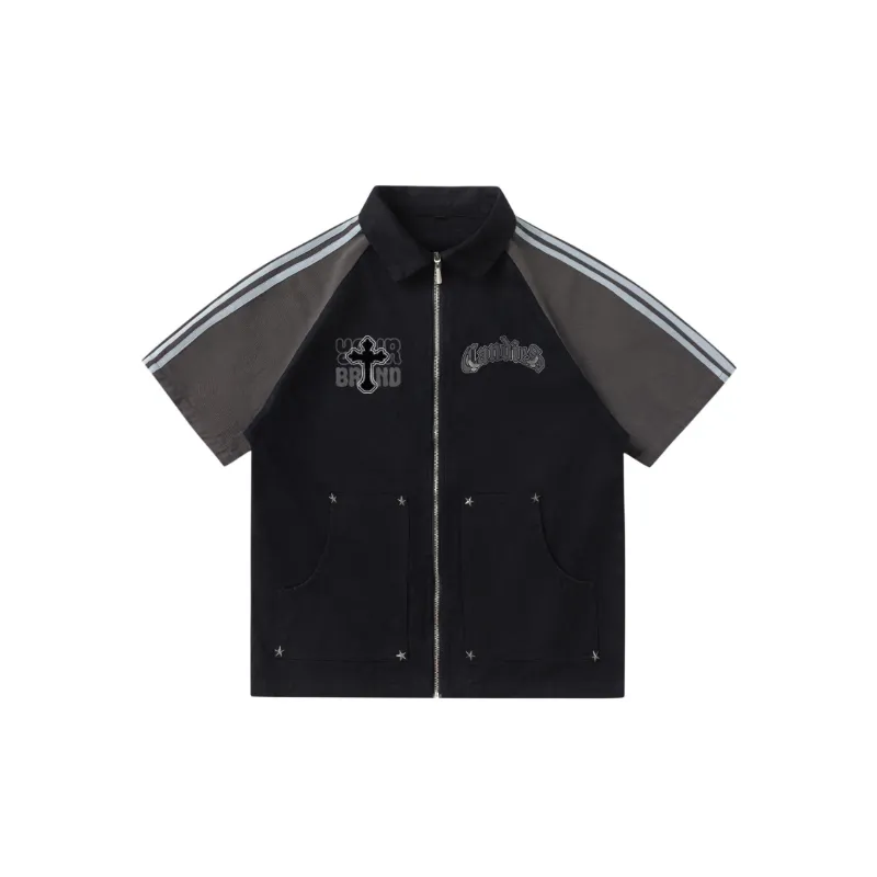 Vintage Embroidered Bar Stitching Rag Short sleeved T Shirt
