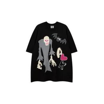 Phantom Sticker Embroidered Foam Printed Round Neck Short Sleeved T Shirt