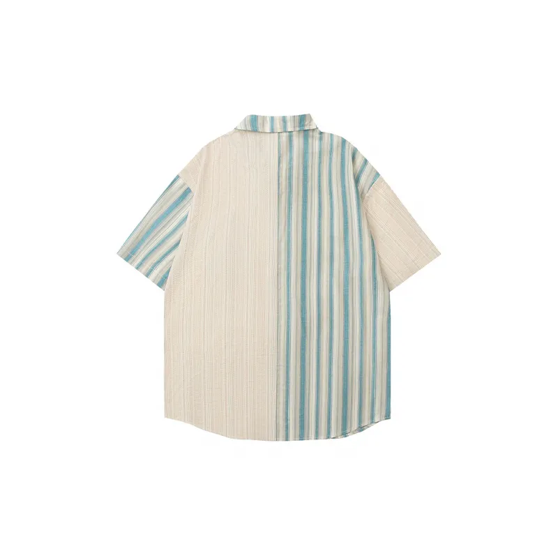 Retro Loose Striped Color blocked Embroidered Casual Short sleeved Shirt-1