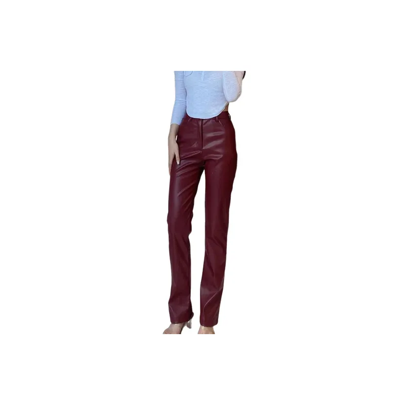Simple Plain PU Leather Pants Women-1